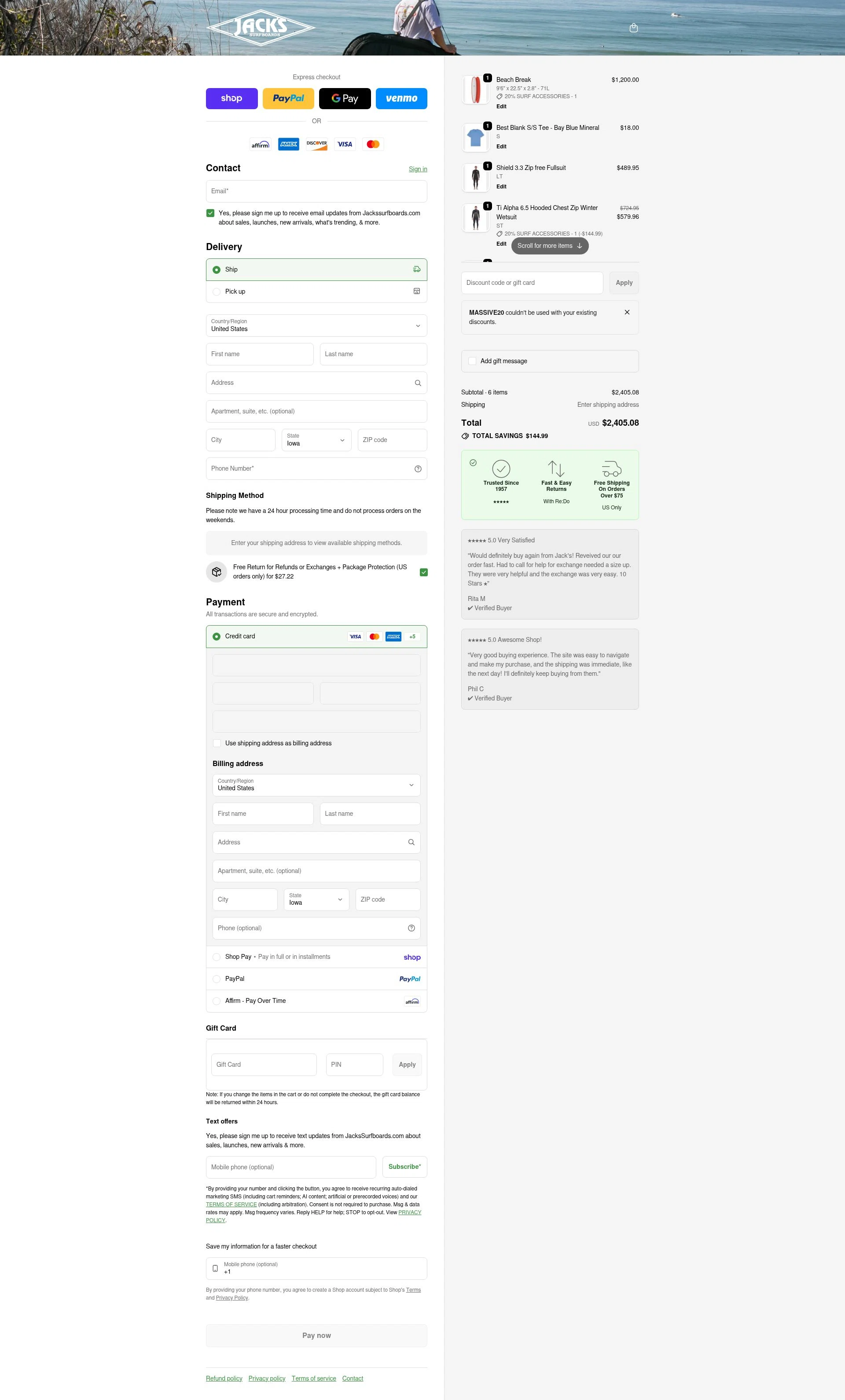 Jack's Surfboards checkout page showing Jack's Surfboards discount code box | Screenshot taken by SimplyCodes community member on Feb 18, 2026