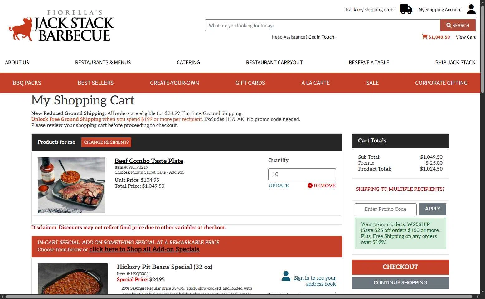 Jack Stack BBQ checkout page showing Jack Stack BBQ promo code box | Screenshot taken by SimplyCodes community member on Jul 29, 2025