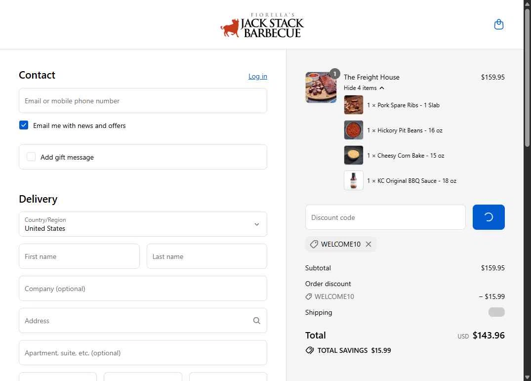 Jack Stack BBQ checkout page showing Jack Stack BBQ promo code box | Screenshot taken by SimplyCodes community member on Sep 4, 2025