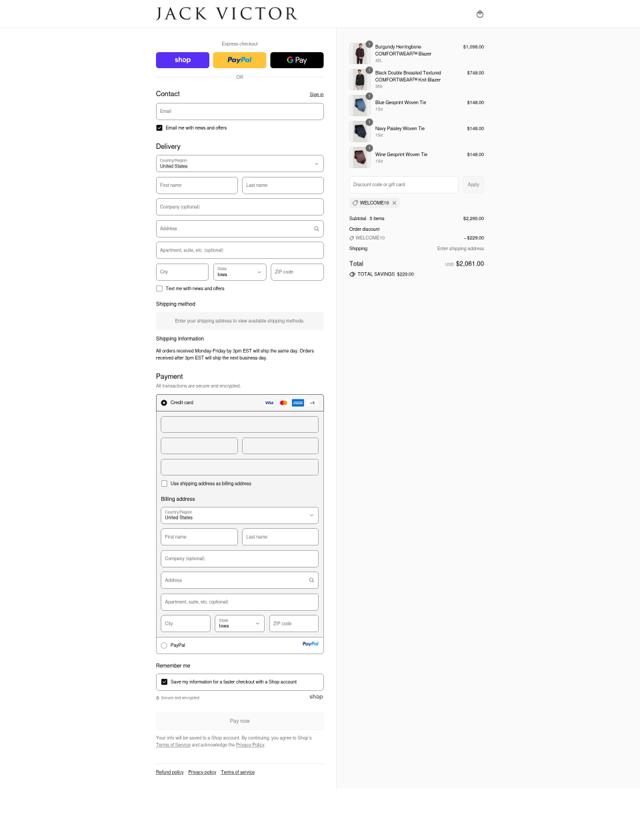 Jack Victor checkout page showing Jack Victor discount code box | Screenshot taken by SimplyCodes community member on Sep 10, 2025