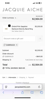 SABRINA20 coupon verification screenshot