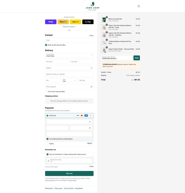 Jade Leaf Matcha checkout page showing Jade Leaf Matcha discount code box | Screenshot taken by SimplyCodes community member on Sep 10, 2025