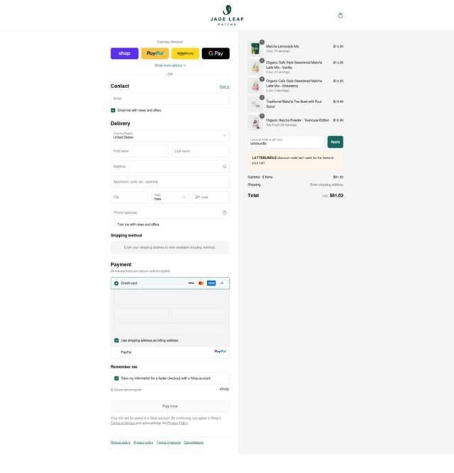 Jade Leaf Matcha checkout page showing Jade Leaf Matcha discount code box | Screenshot taken by SimplyCodes community member on Sep 10, 2025
