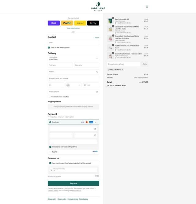 Jade Leaf Matcha checkout page showing Jade Leaf Matcha discount code box | Screenshot taken by SimplyCodes community member on Sep 10, 2025