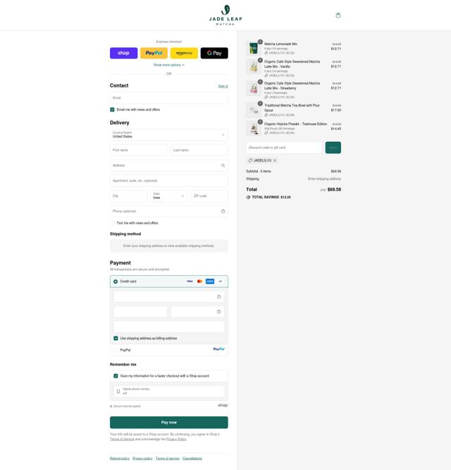 Jade Leaf Matcha checkout page showing Jade Leaf Matcha discount code box | Screenshot taken by SimplyCodes community member on Sep 10, 2025