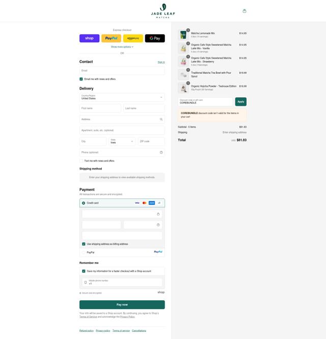 Jade Leaf Matcha checkout page showing Jade Leaf Matcha discount code box | Screenshot taken by SimplyCodes community member on Sep 10, 2025