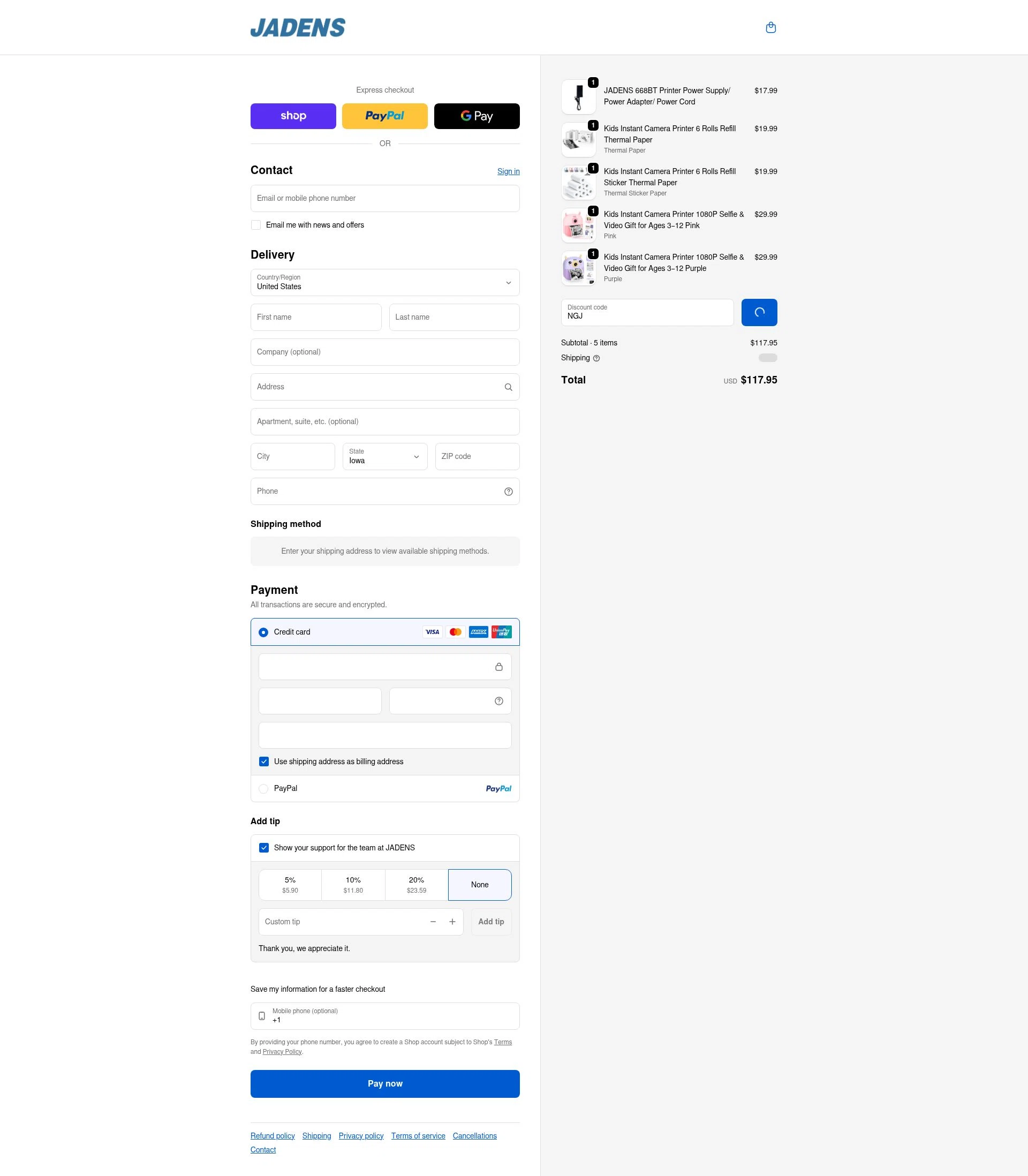 Jadens checkout page showing Jadens promo code box | Screenshot taken by SimplyCodes community member on Jan 9, 2026