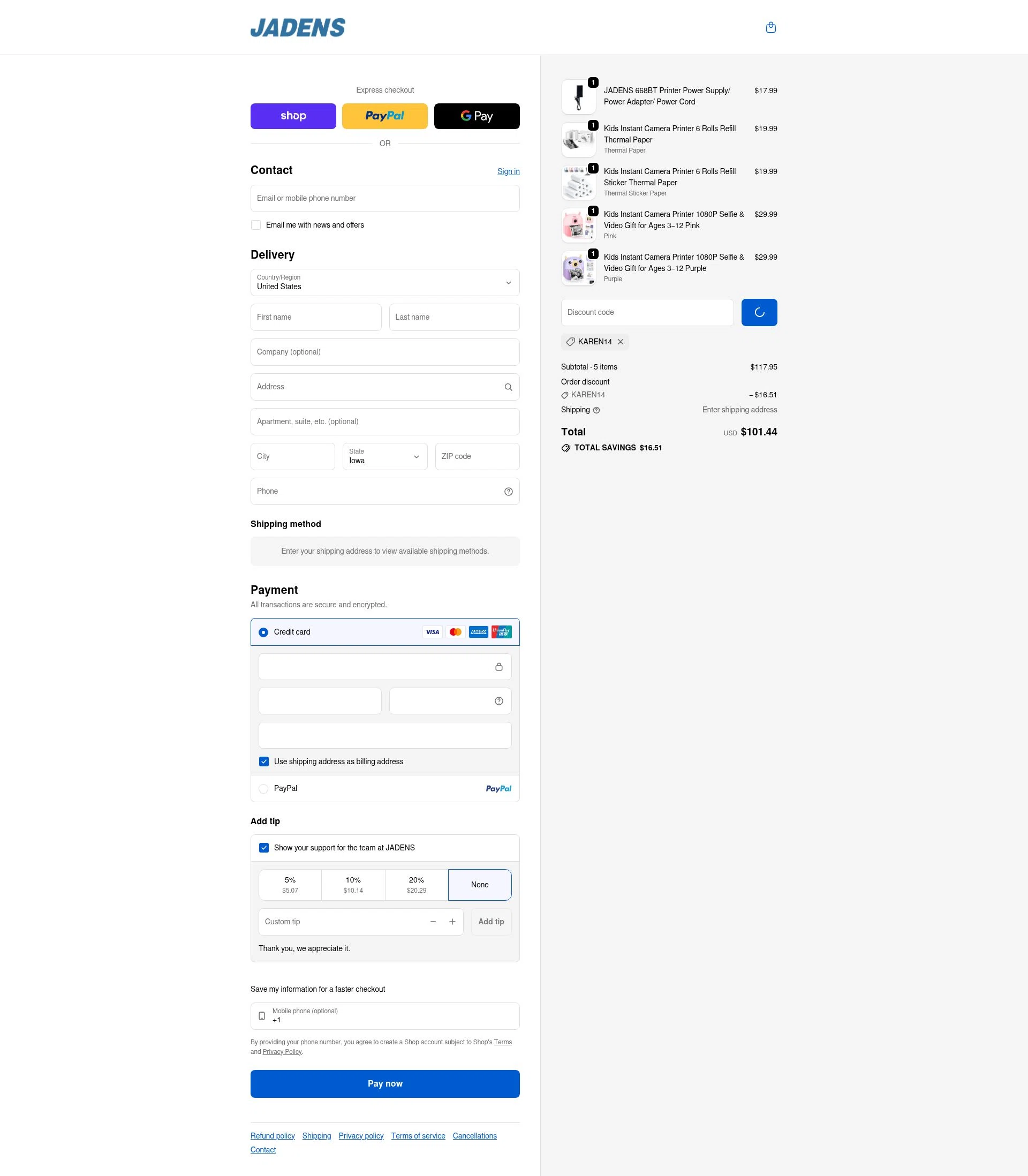 Jadens checkout page showing Jadens promo code box | Screenshot taken by SimplyCodes community member on Jan 9, 2026