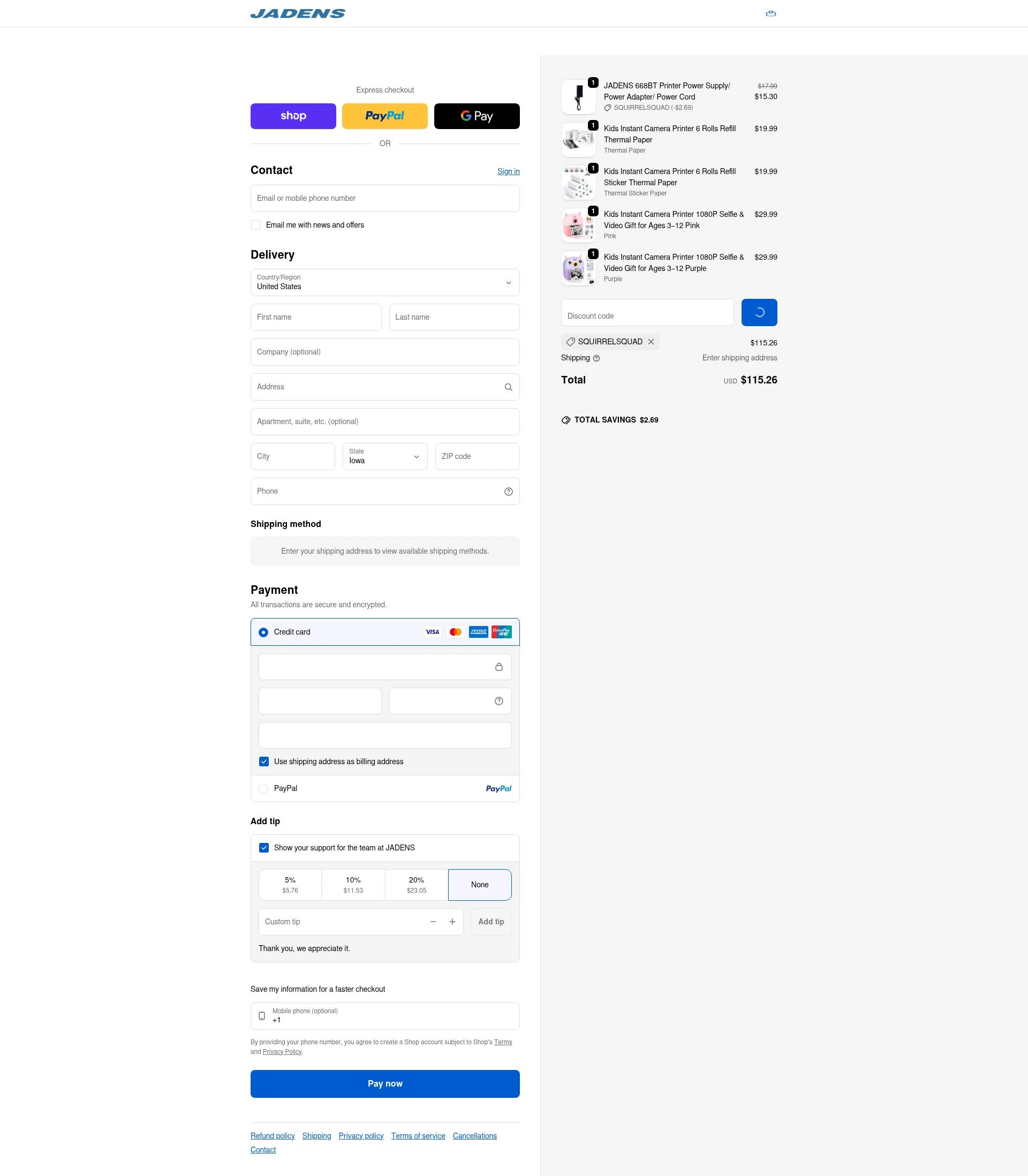 Jadens checkout page showing Jadens promo code box | Screenshot taken by SimplyCodes community member on Jan 9, 2026
