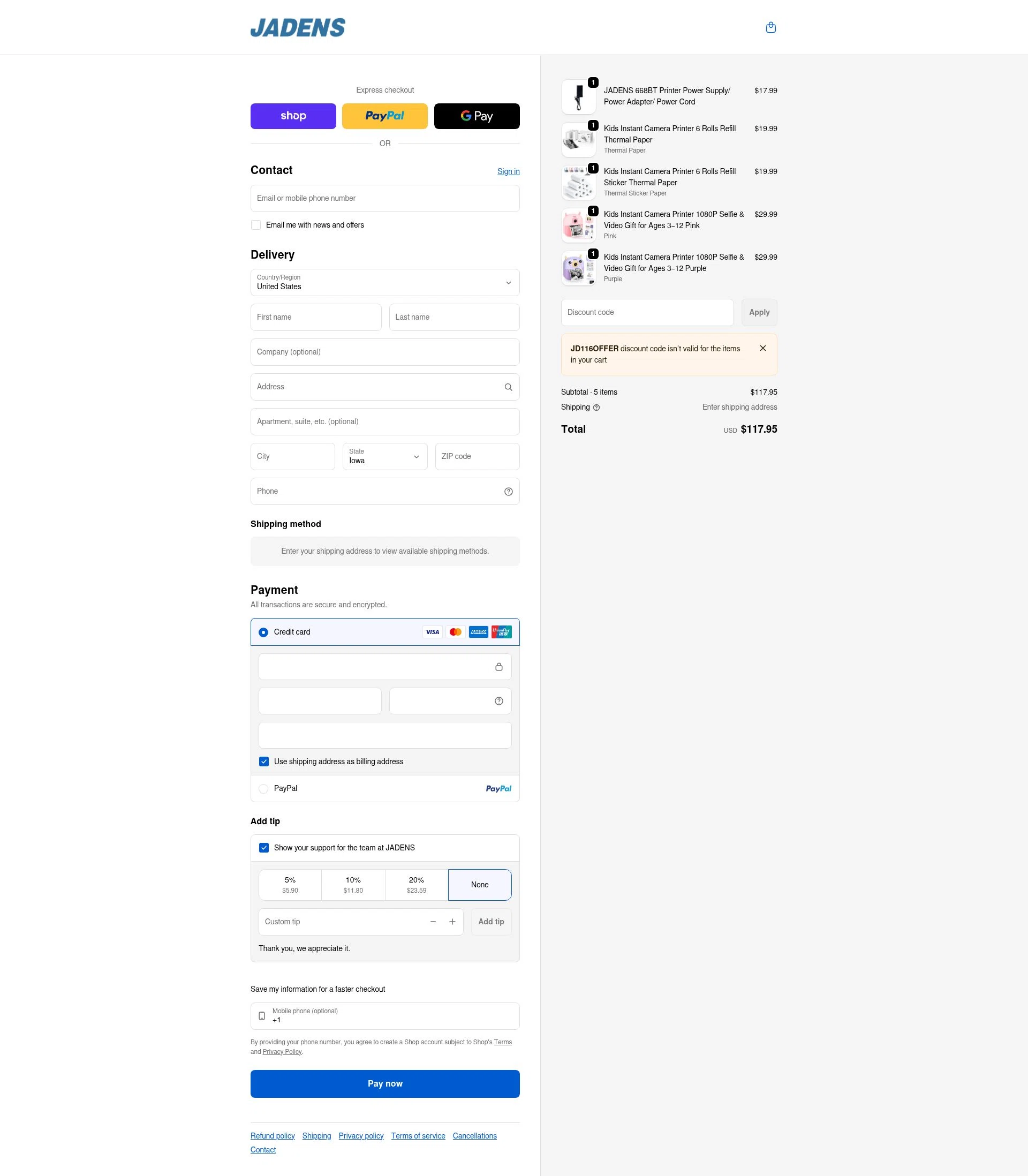 Jadens checkout page showing Jadens promo code box | Screenshot taken by SimplyCodes community member on Jan 9, 2026