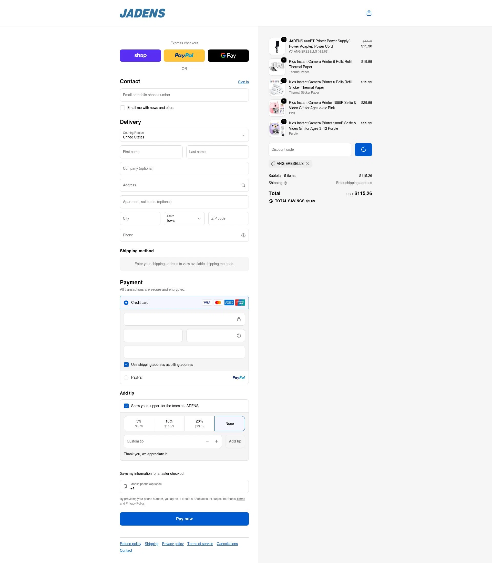 Jadens checkout page showing Jadens promo code box | Screenshot taken by SimplyCodes community member on Jan 9, 2026