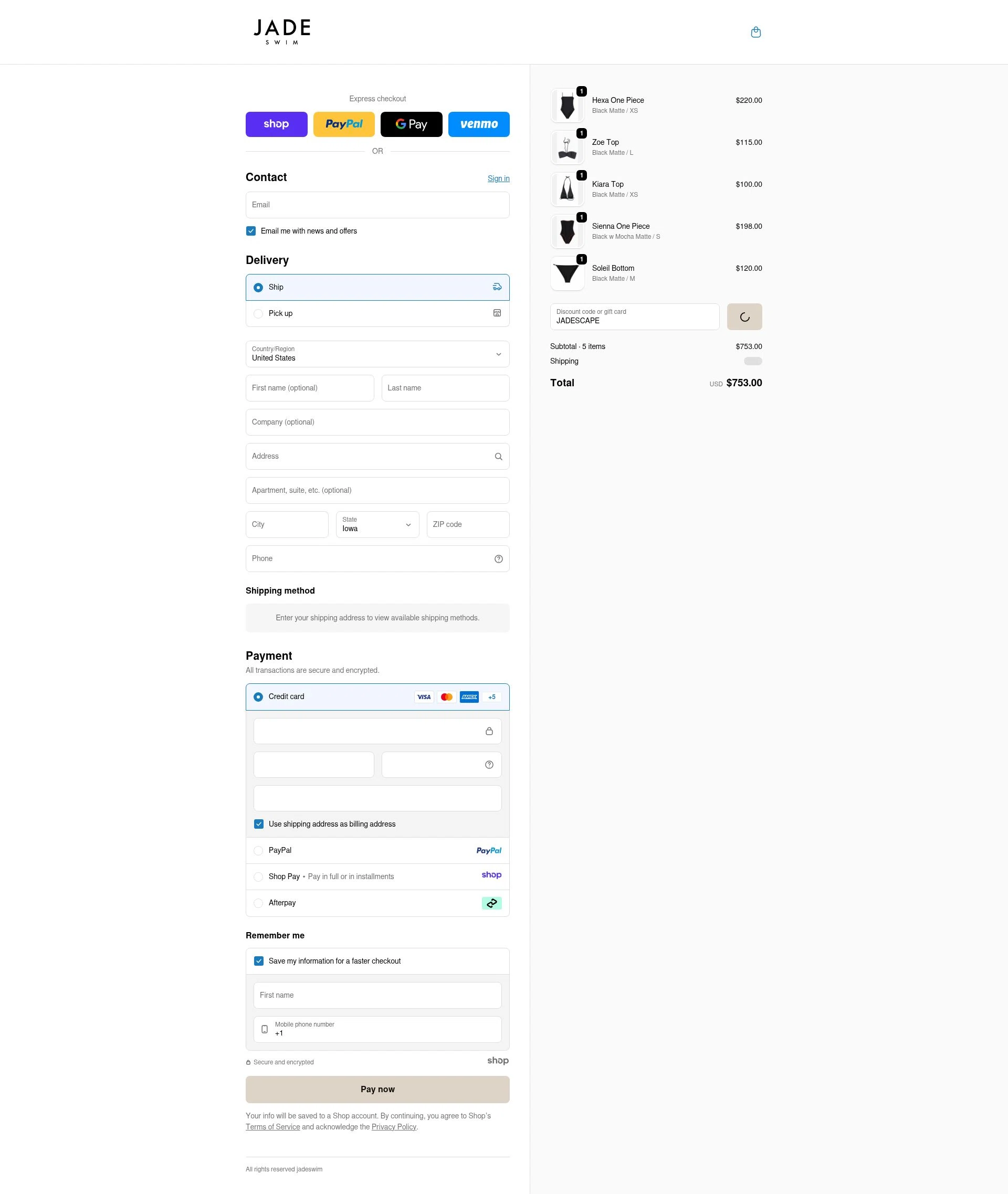 Jade Swim checkout page showing Jade Swim promo code box | Screenshot taken by SimplyCodes community member on Dec 28, 2025