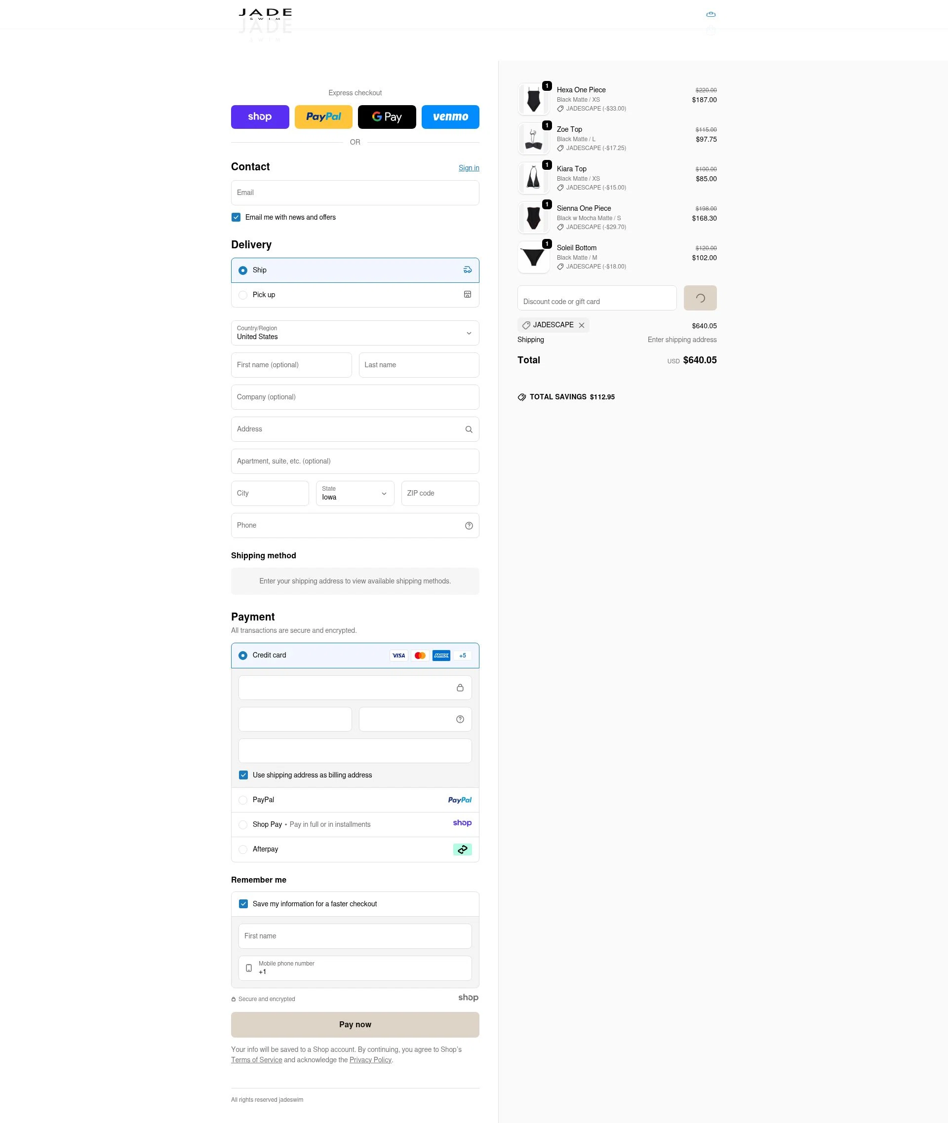 Jade Swim checkout page showing Jade Swim promo code box | Screenshot taken by SimplyCodes community member on Dec 23, 2025