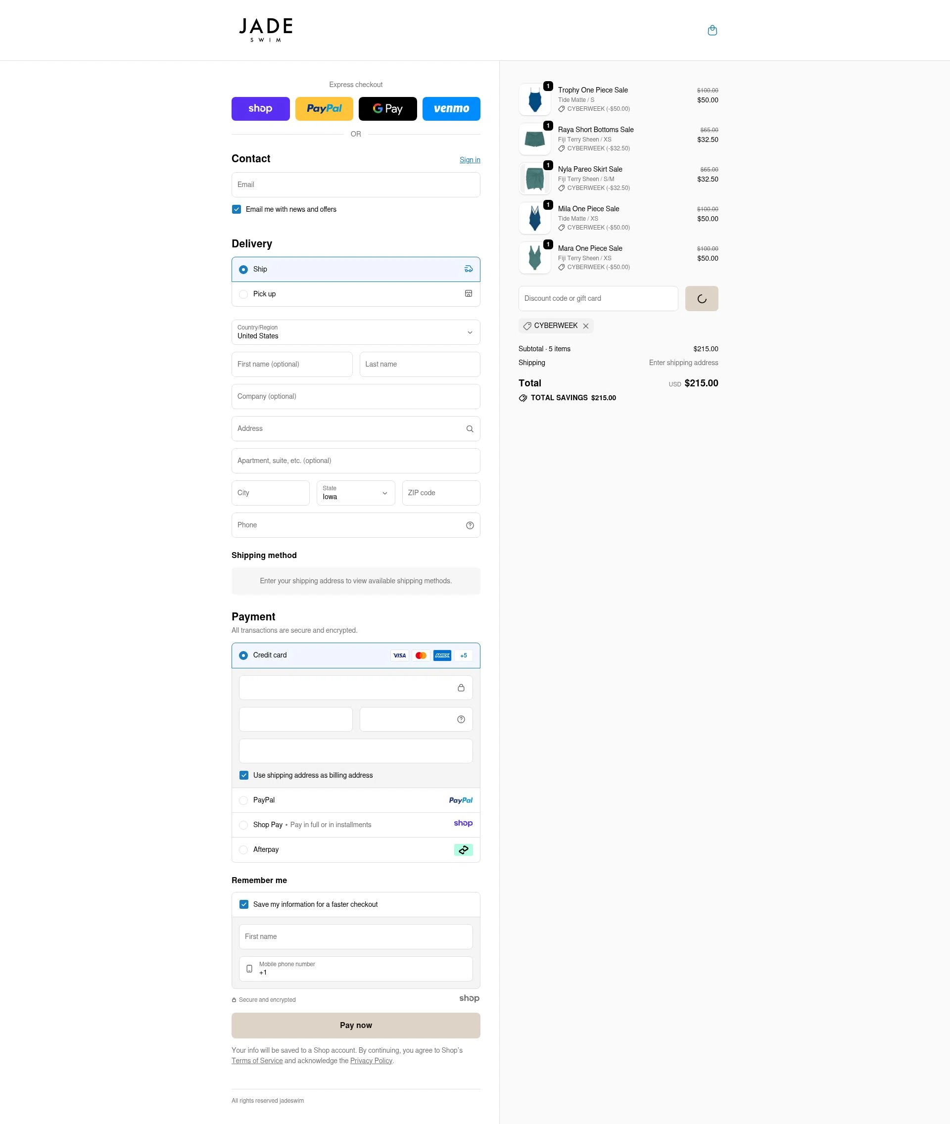 Jade Swim checkout page showing Jade Swim promo code box | Screenshot taken by SimplyCodes community member on Dec 17, 2025