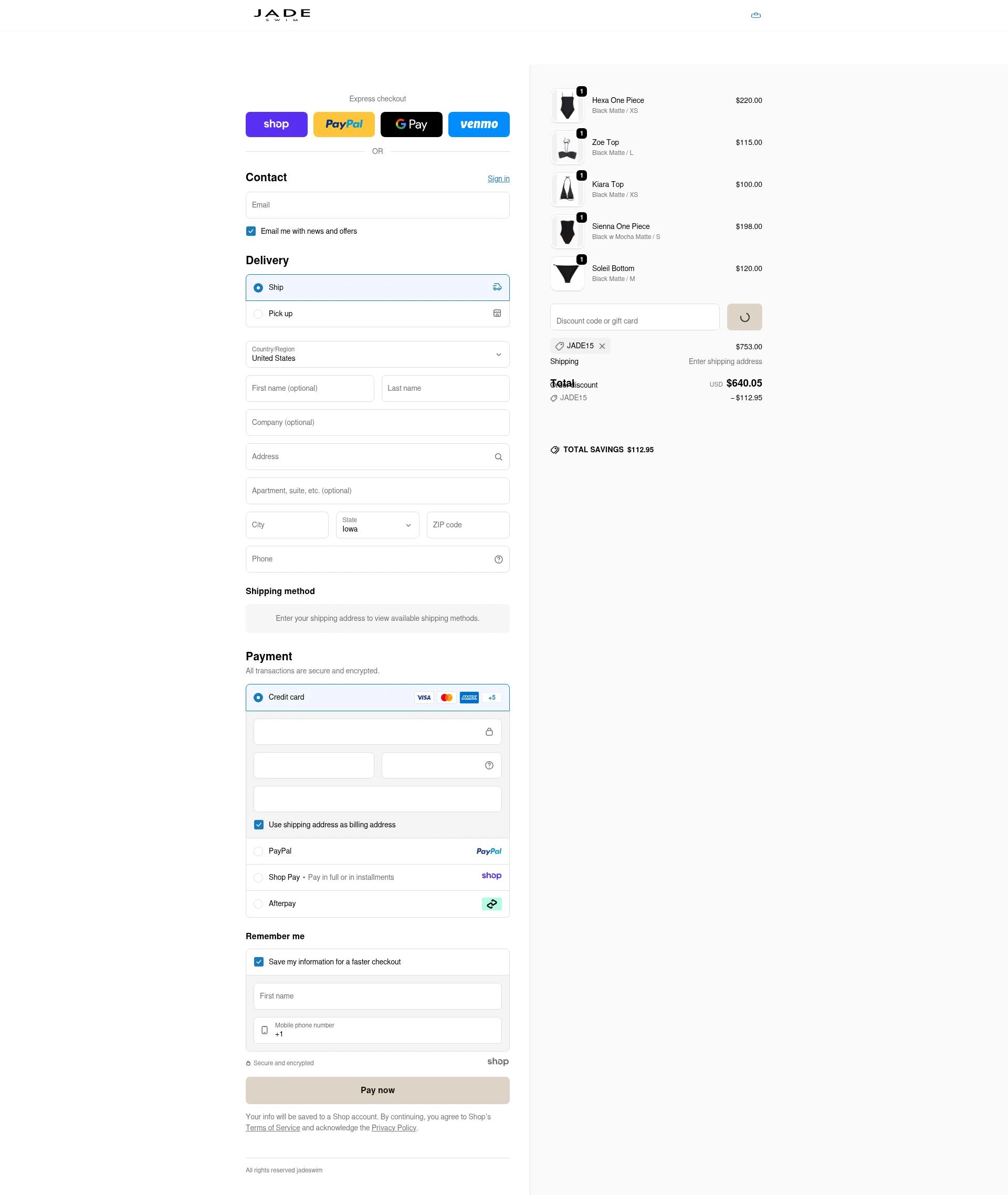Jade Swim checkout page showing Jade Swim promo code box | Screenshot taken by SimplyCodes community member on Dec 28, 2025