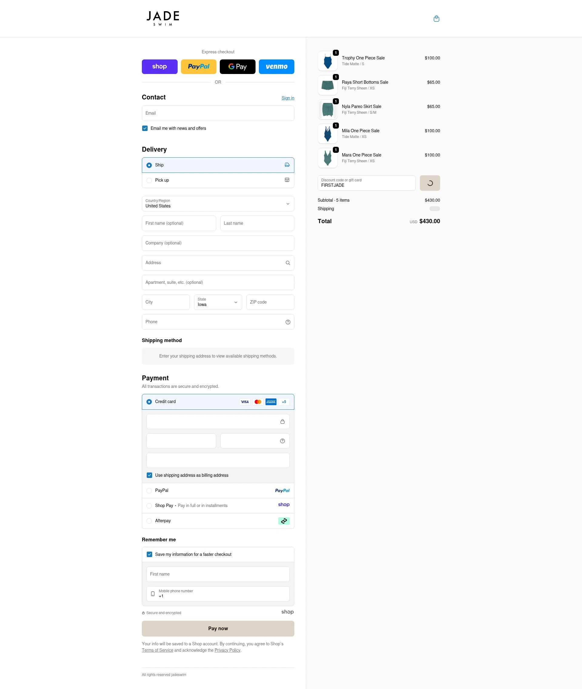 Jade Swim checkout page showing Jade Swim promo code box | Screenshot taken by SimplyCodes community member on Dec 17, 2025
