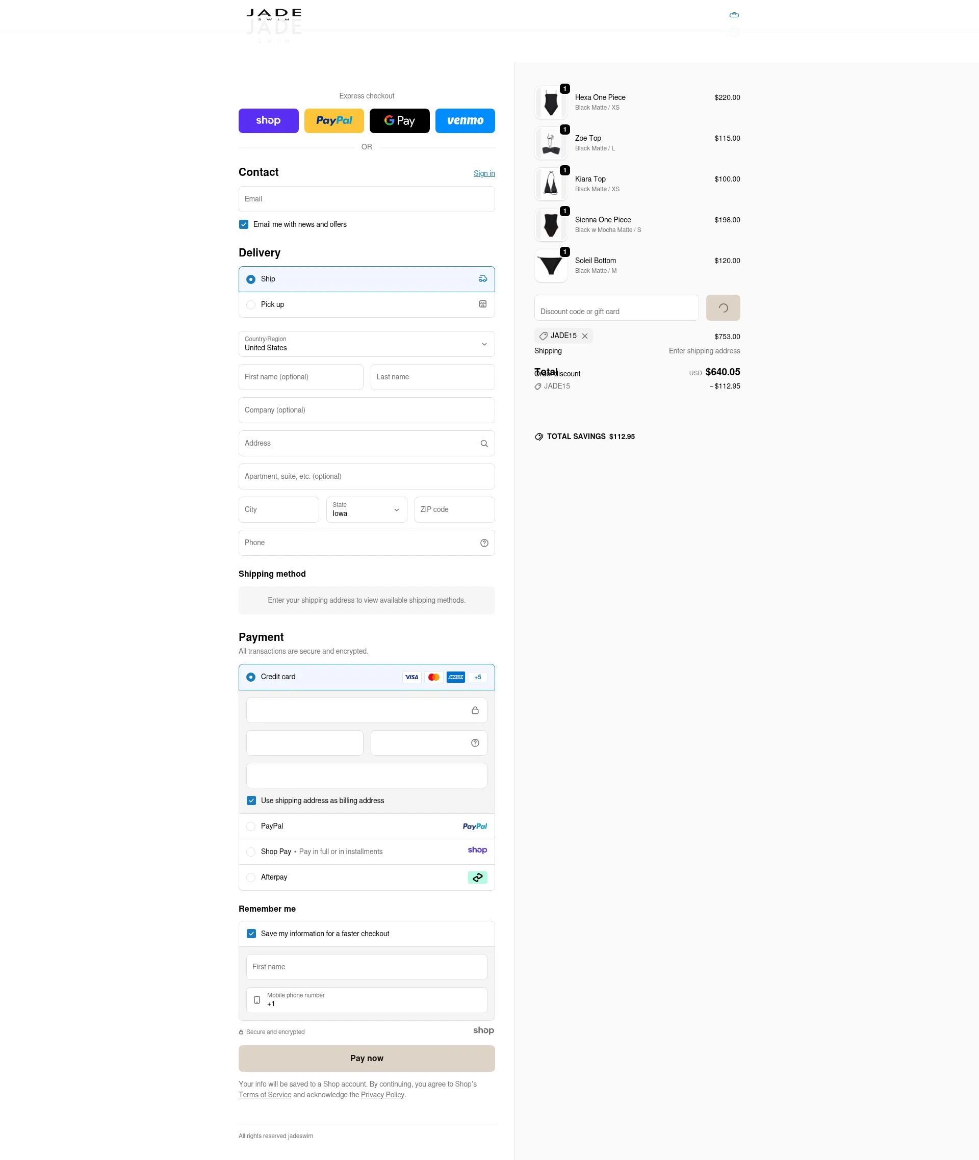 Jade Swim checkout page showing Jade Swim promo code box | Screenshot taken by SimplyCodes community member on Dec 23, 2025