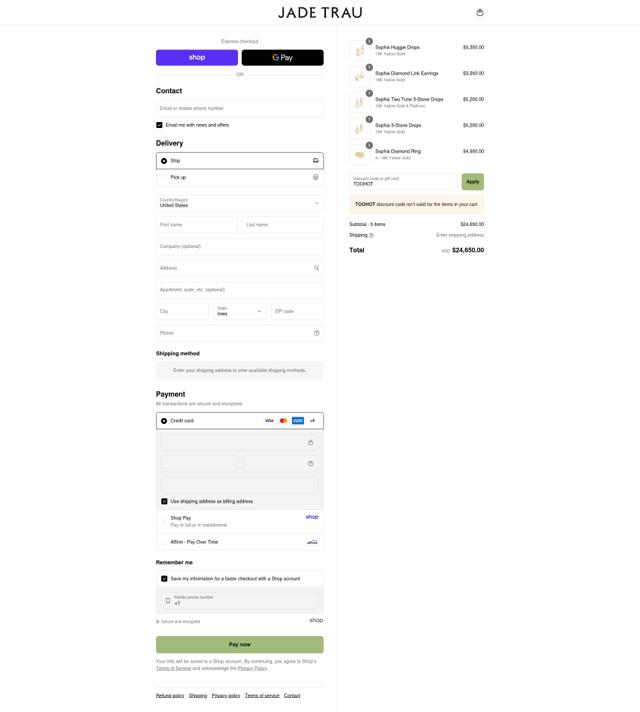 Jade Trau checkout page showing Jade Trau promo code box | Screenshot taken by SimplyCodes community member on Sep 11, 2025