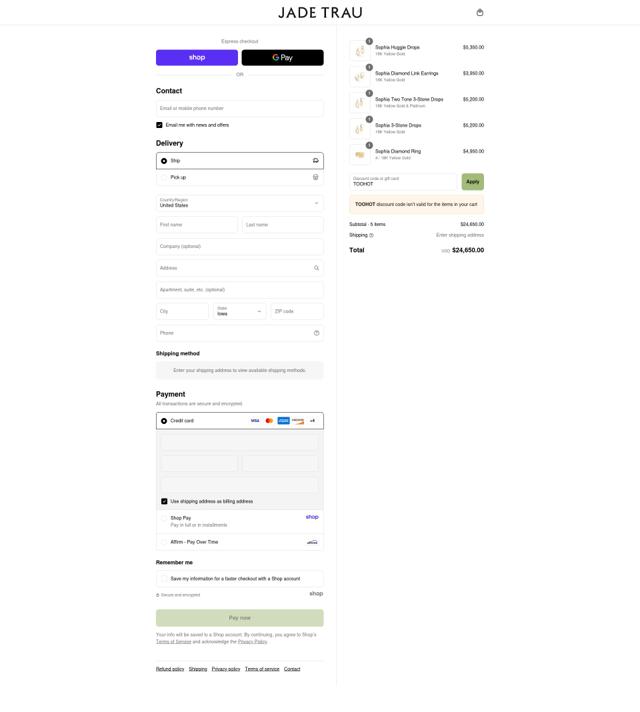 Jade Trau checkout page showing Jade Trau promo code box | Screenshot taken by SimplyCodes community member on Sep 2, 2025