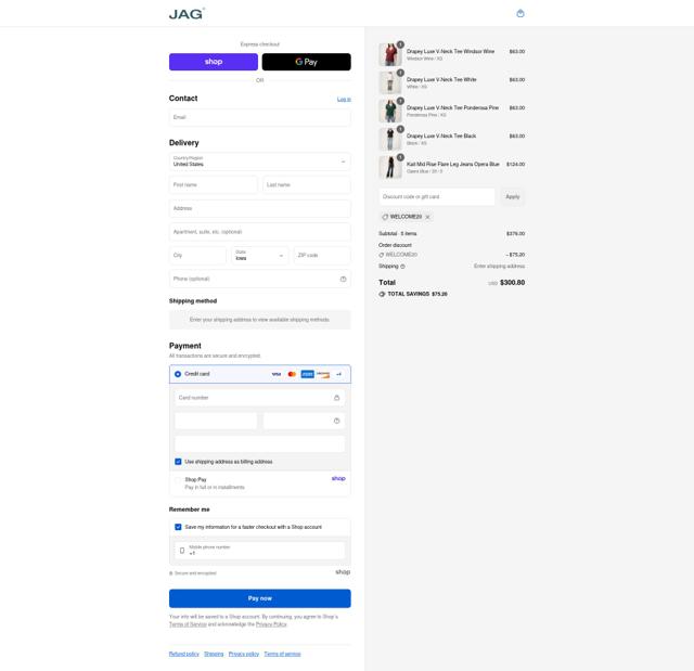 JAG JEANS checkout page showing JAG JEANS promo code box | Screenshot taken by SimplyCodes community member on Aug 29, 2025
