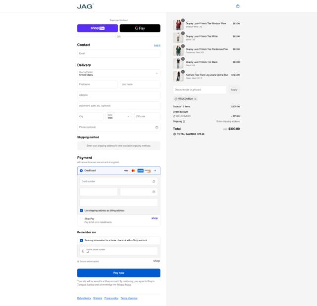 JAG JEANS checkout page showing JAG JEANS promo code box | Screenshot taken by SimplyCodes community member on Aug 21, 2025