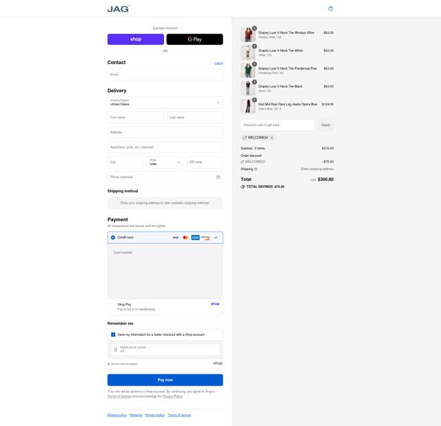 JAG JEANS checkout page showing JAG JEANS promo code box | Screenshot taken by SimplyCodes community member on Sep 3, 2025