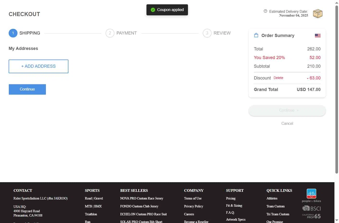 Jakroo checkout page showing Jakroo promo code box | Screenshot taken by SimplyCodes community member on Oct 15, 2025