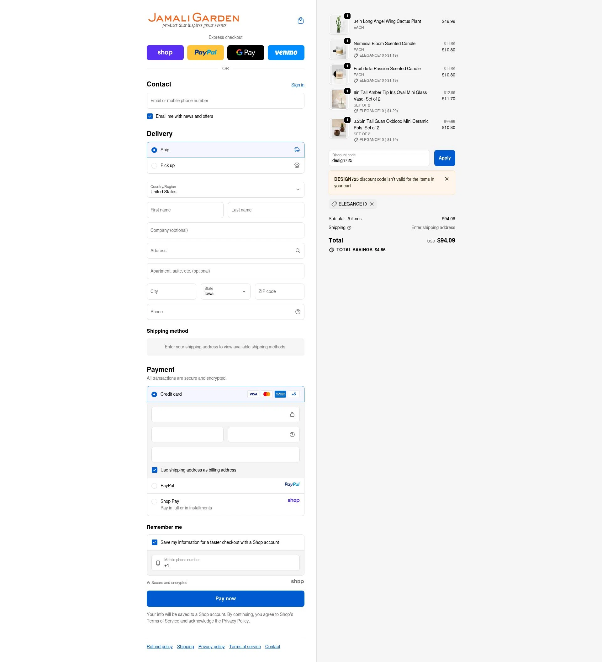 JamaliGarden checkout page showing JamaliGarden promo code box | Screenshot taken by SimplyCodes community member on Oct 6, 2025