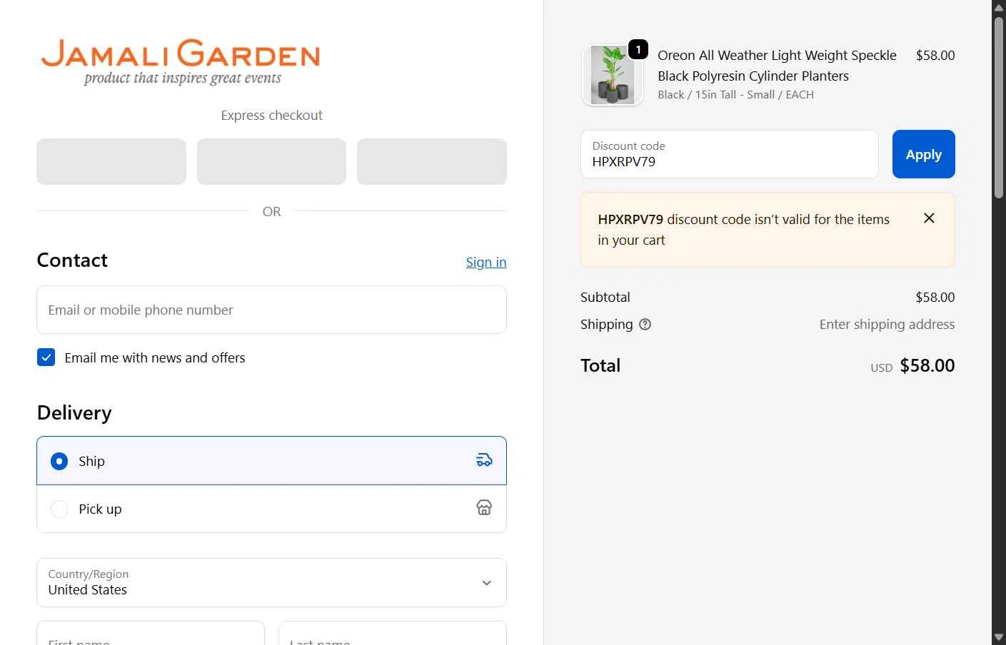 JamaliGarden checkout page showing JamaliGarden promo code box | Screenshot taken by SimplyCodes community member on Oct 19, 2025