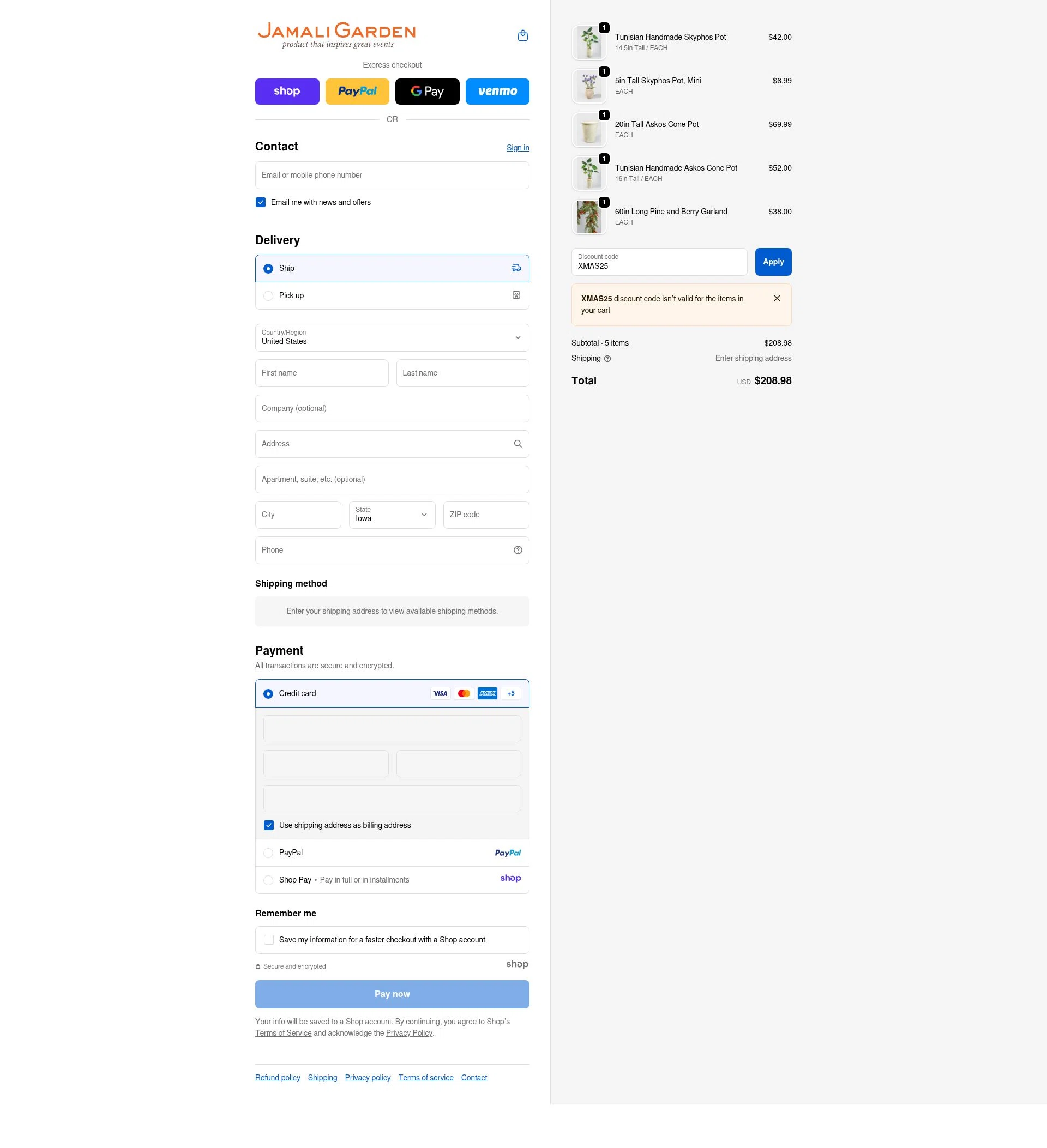 JamaliGarden checkout page showing JamaliGarden promo code box | Screenshot taken by SimplyCodes community member on Nov 29, 2025