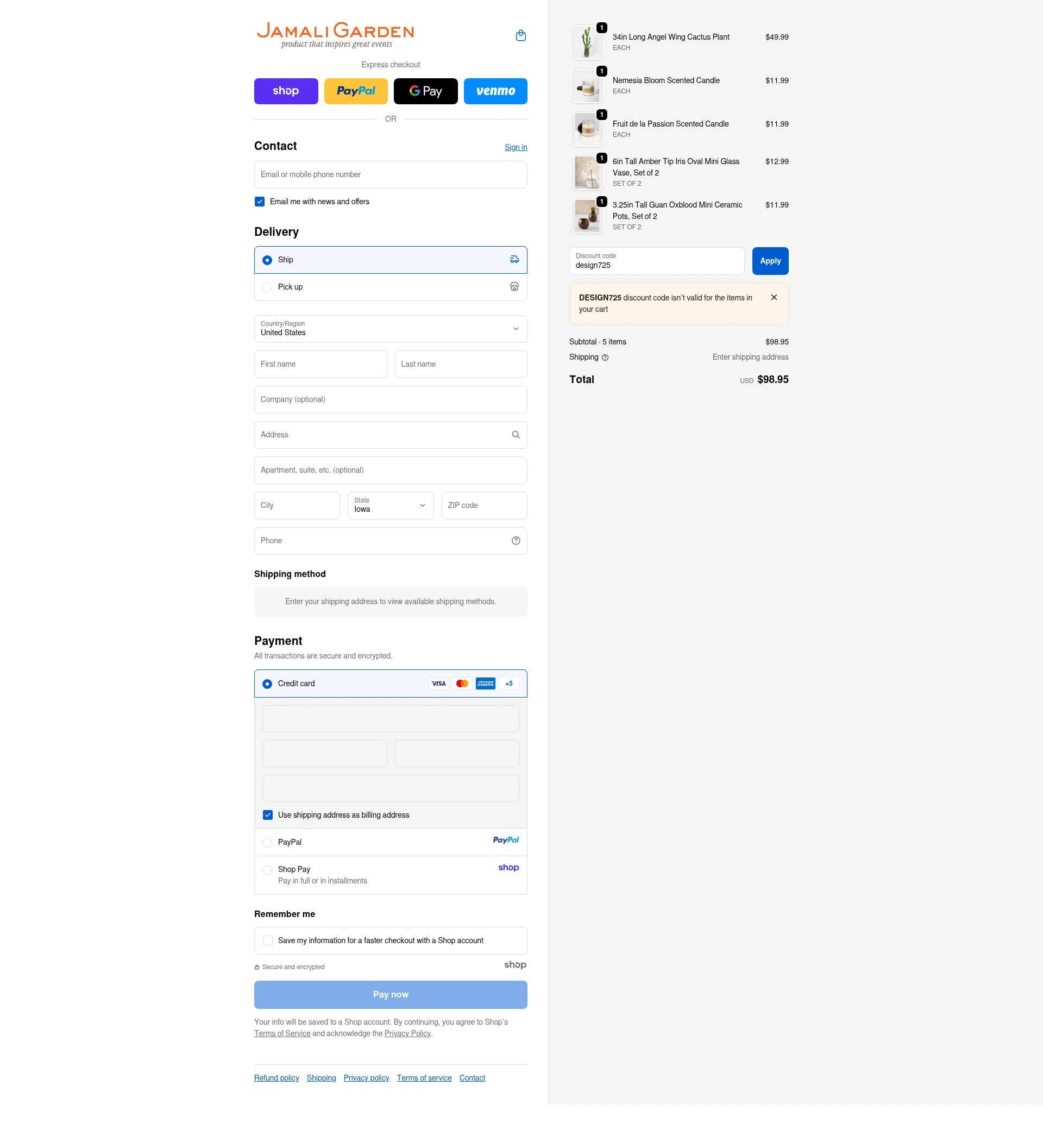 JamaliGarden checkout page showing JamaliGarden promo code box | Screenshot taken by SimplyCodes community member on Oct 14, 2025