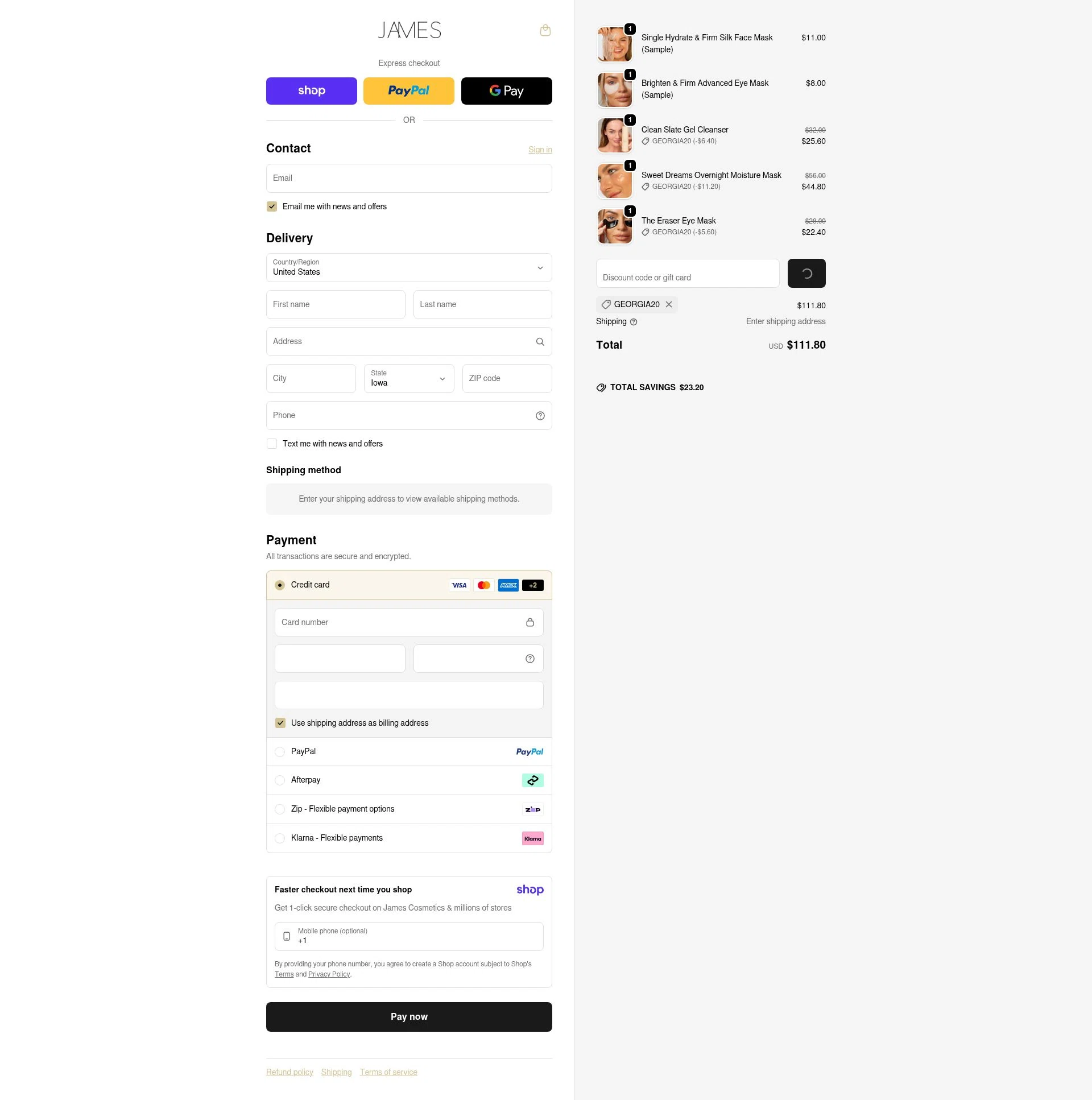 James Cosmetics AU checkout page showing James Cosmetics AU promo code box | Screenshot taken by SimplyCodes community member on Jan 8, 2026