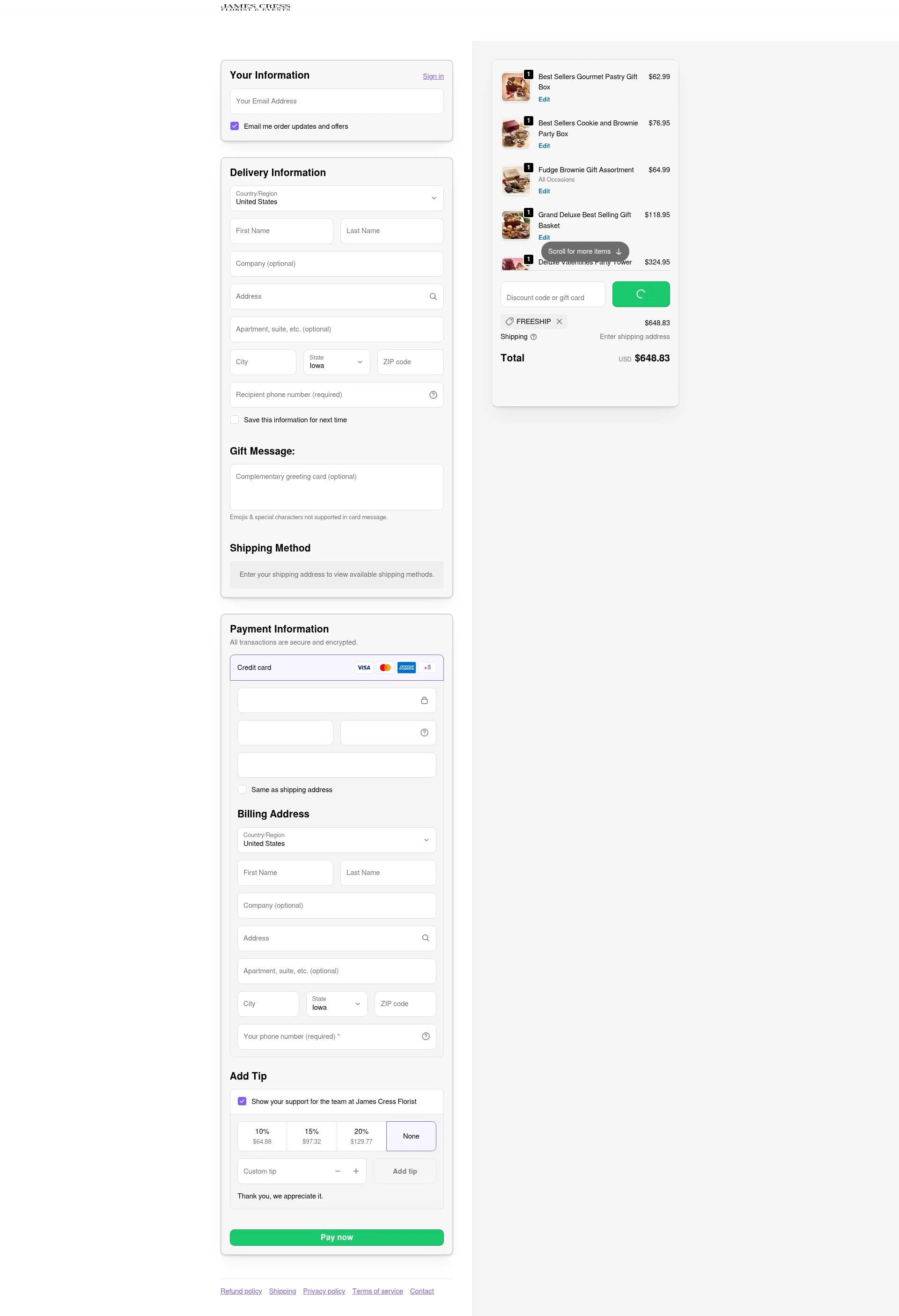 James Cress Florist checkout page showing James Cress Florist discount code box | Screenshot taken by SimplyCodes community member on Feb 2, 2026