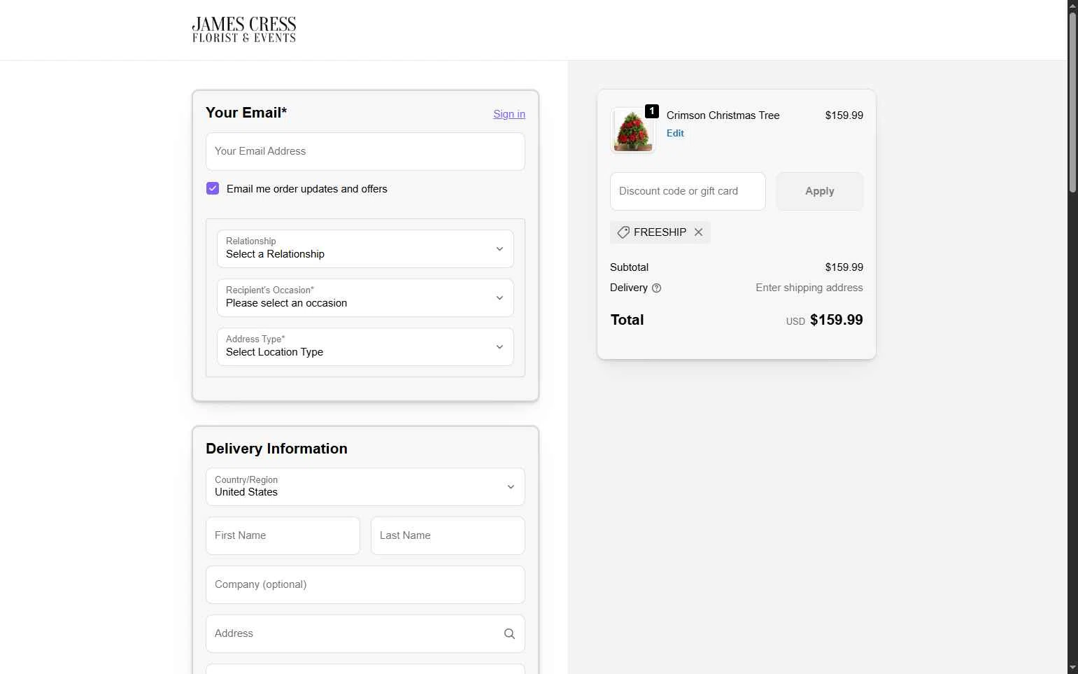 James Cress Florist checkout page showing James Cress Florist discount code box | Screenshot taken by SimplyCodes community member on Jan 19, 2026