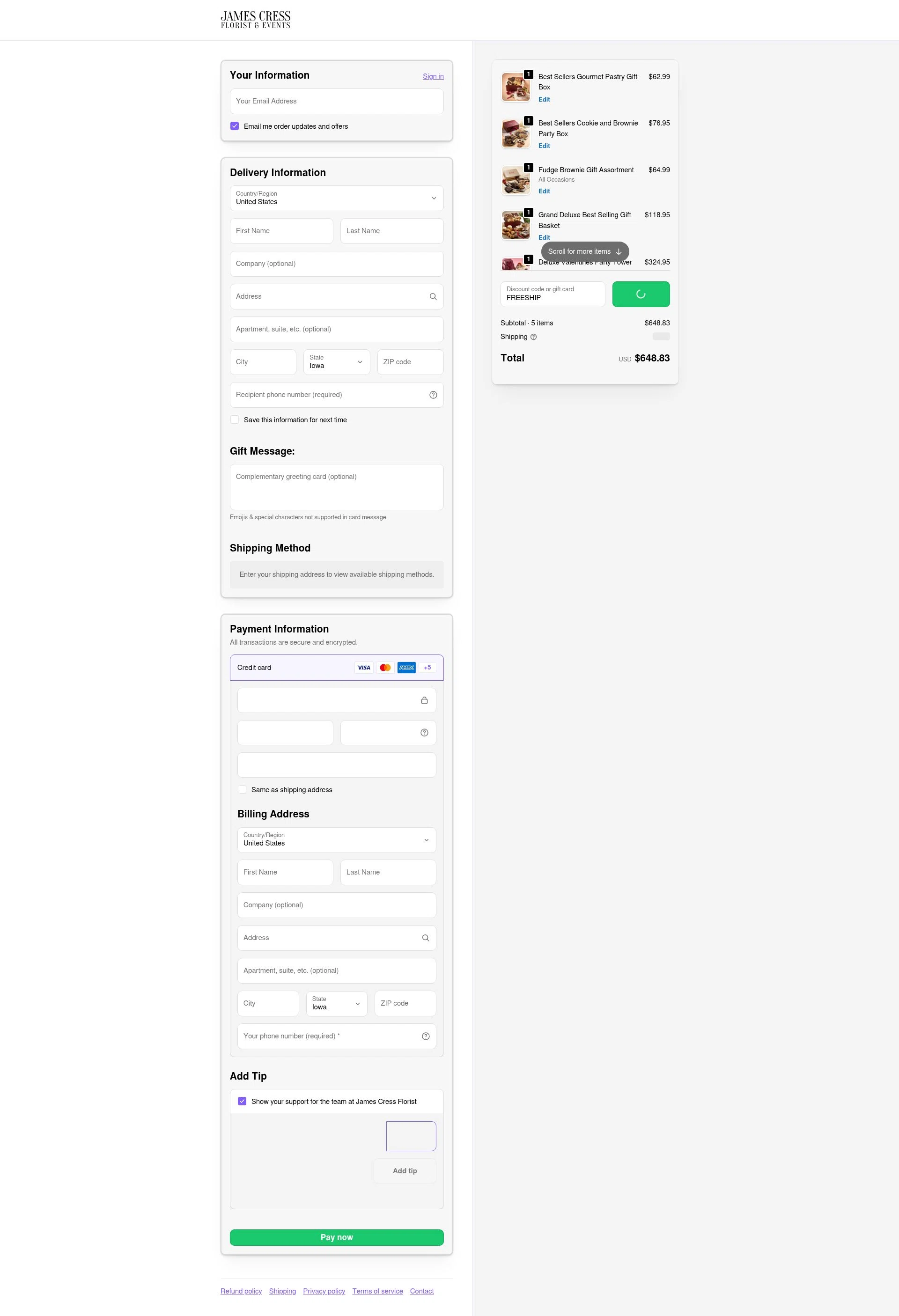 James Cress Florist checkout page showing James Cress Florist discount code box | Screenshot taken by SimplyCodes community member on Jan 29, 2026