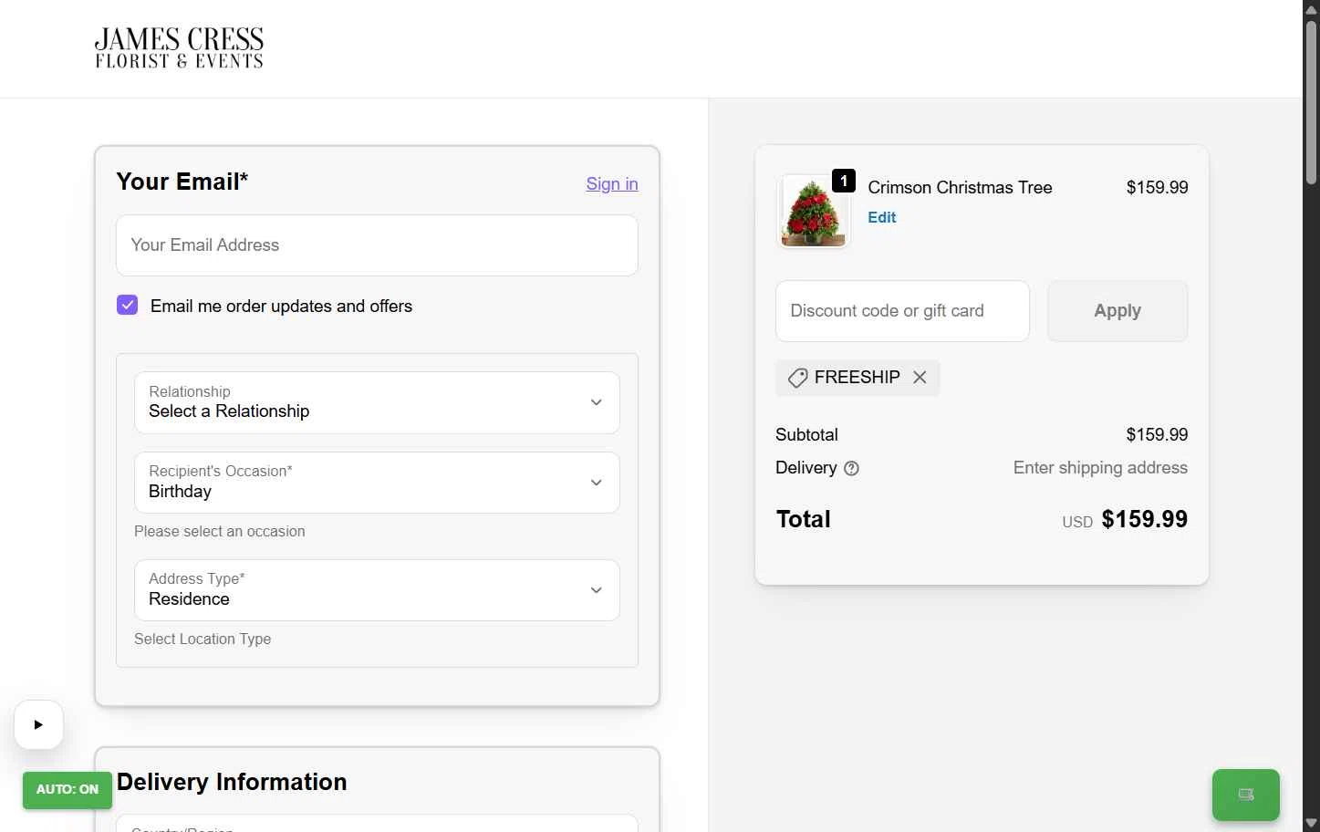 James Cress Florist checkout page showing James Cress Florist discount code box | Screenshot taken by SimplyCodes community member on Feb 5, 2026