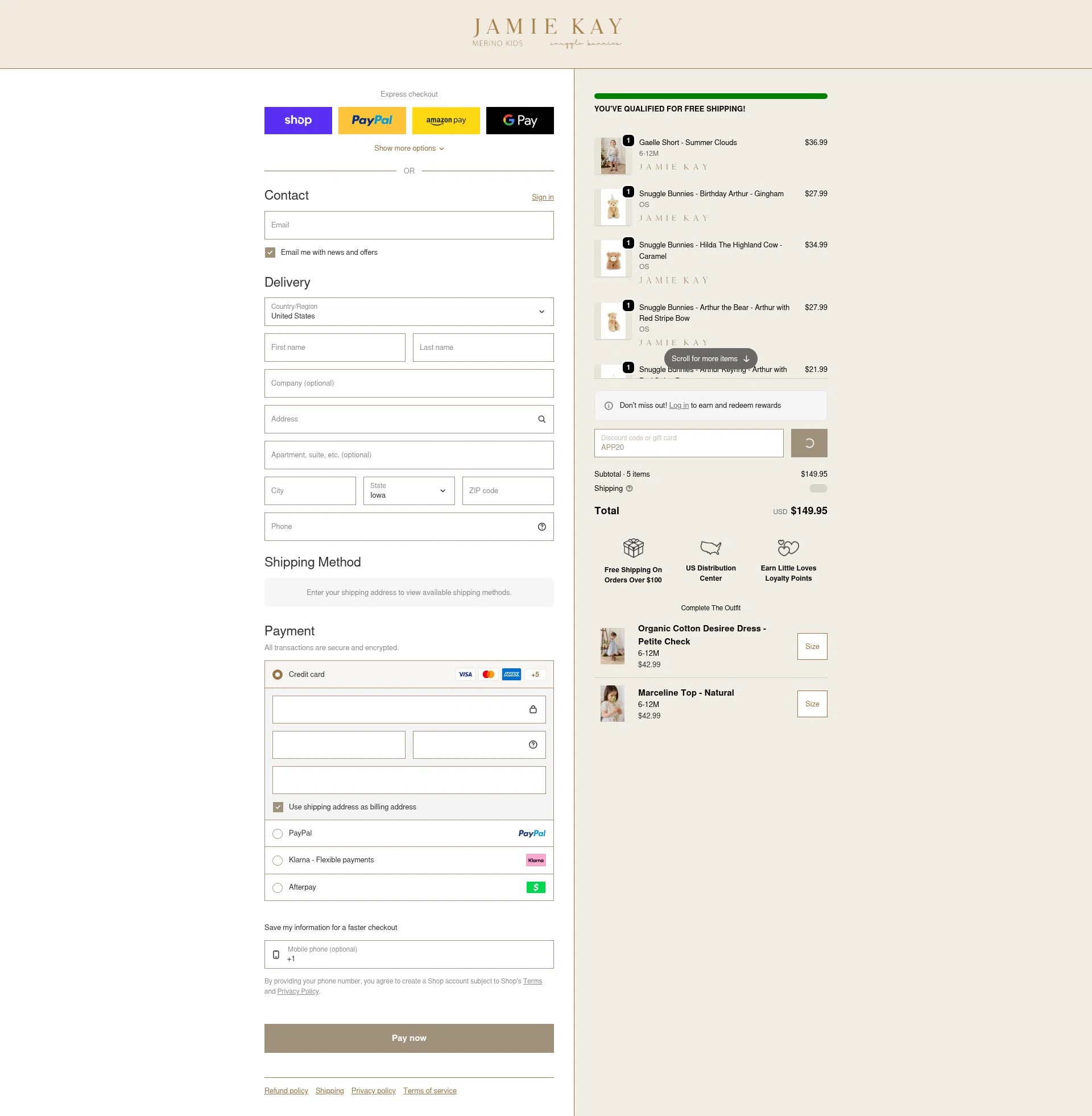 Jamie Kay USA checkout page showing Jamie Kay USA promo code box | Screenshot taken by SimplyCodes community member on Feb 4, 2026