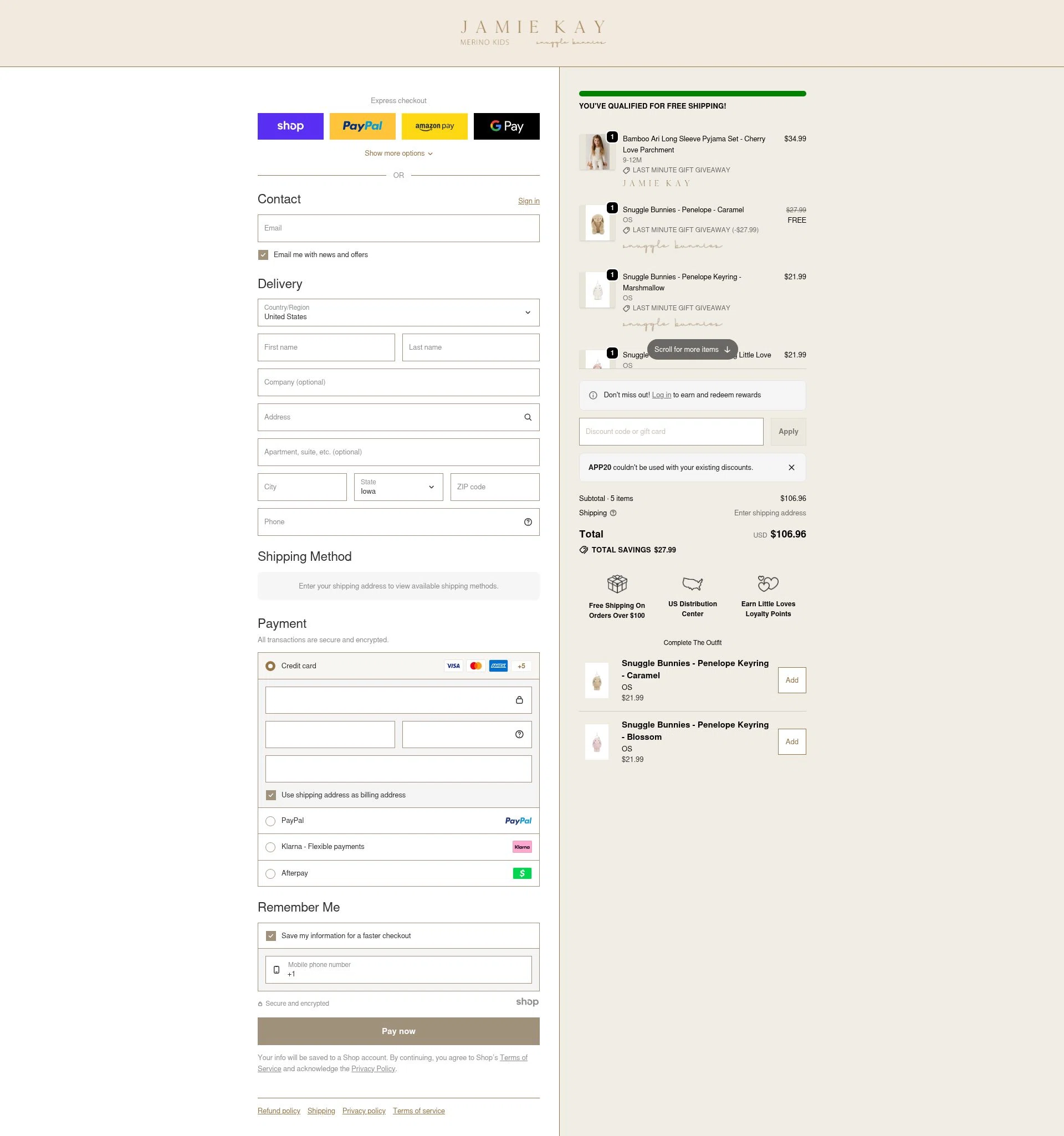 Jamie Kay USA checkout page showing Jamie Kay USA promo code box | Screenshot taken by SimplyCodes community member on Jan 17, 2026