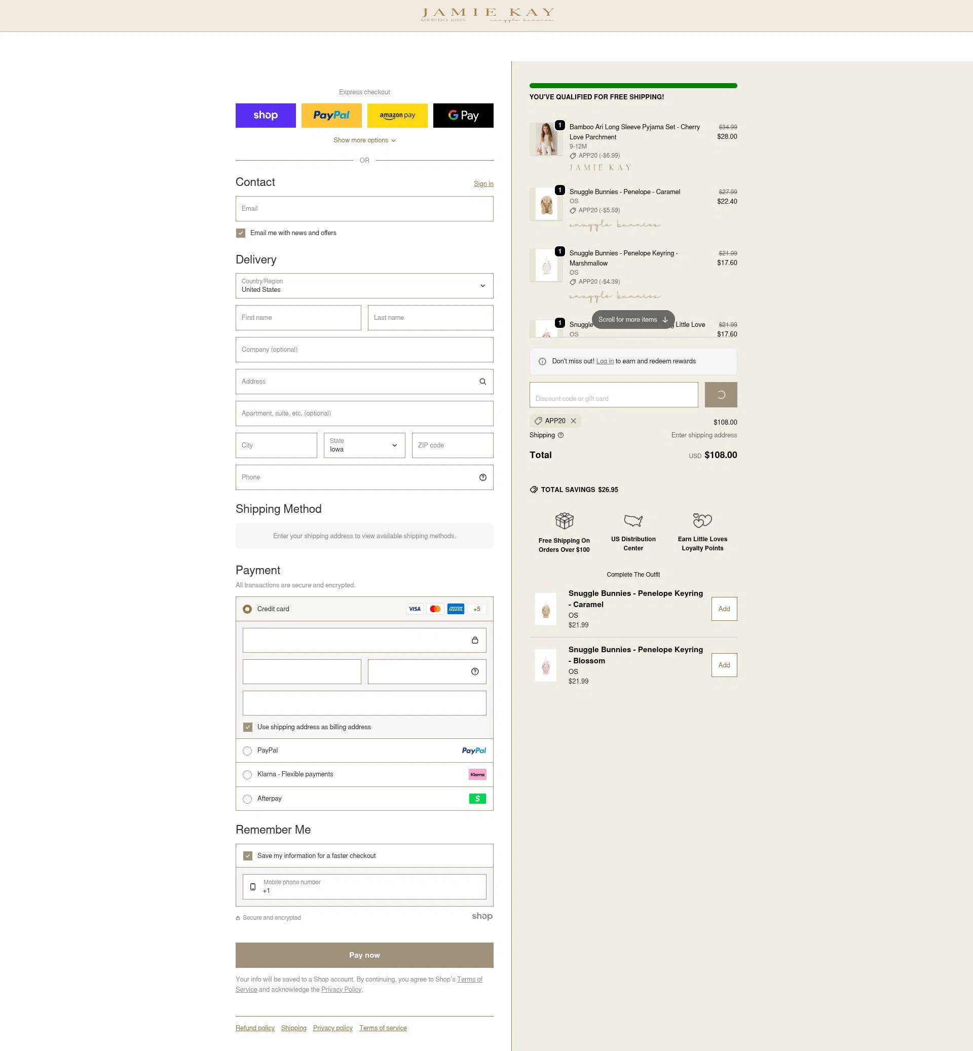 Jamie Kay USA checkout page showing Jamie Kay USA promo code box | Screenshot taken by SimplyCodes community member on Jan 26, 2026