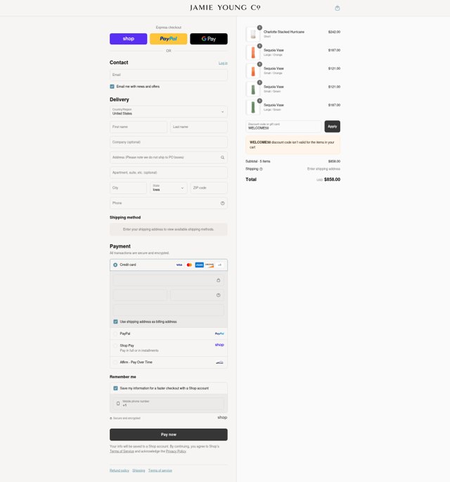 Jamie Young Co. checkout page showing Jamie Young Co. promo code box | Screenshot taken by SimplyCodes community member on Aug 31, 2025