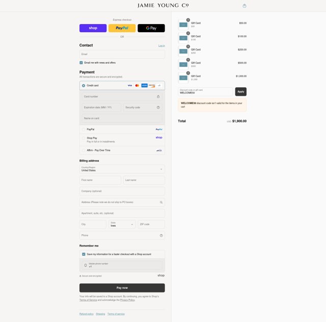 Jamie Young Co. checkout page showing Jamie Young Co. promo code box | Screenshot taken by SimplyCodes community member on Sep 4, 2025