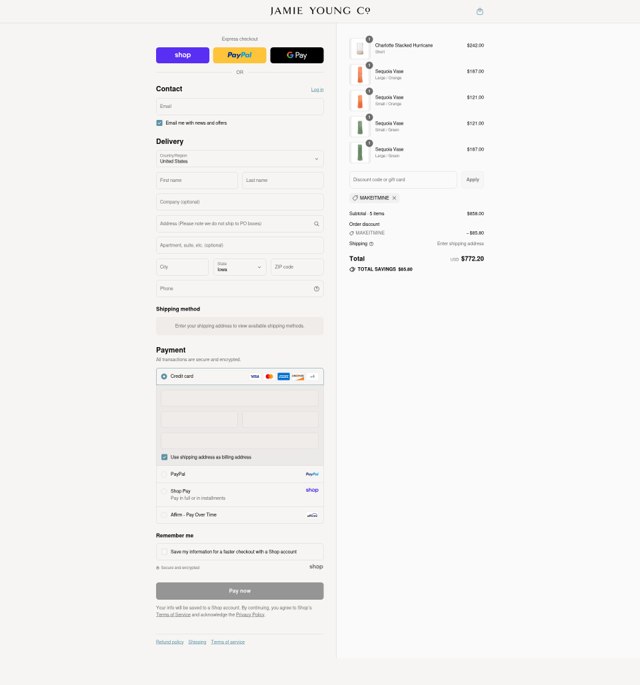 Jamie Young Co. checkout page showing Jamie Young Co. promo code box | Screenshot taken by SimplyCodes community member on Aug 31, 2025