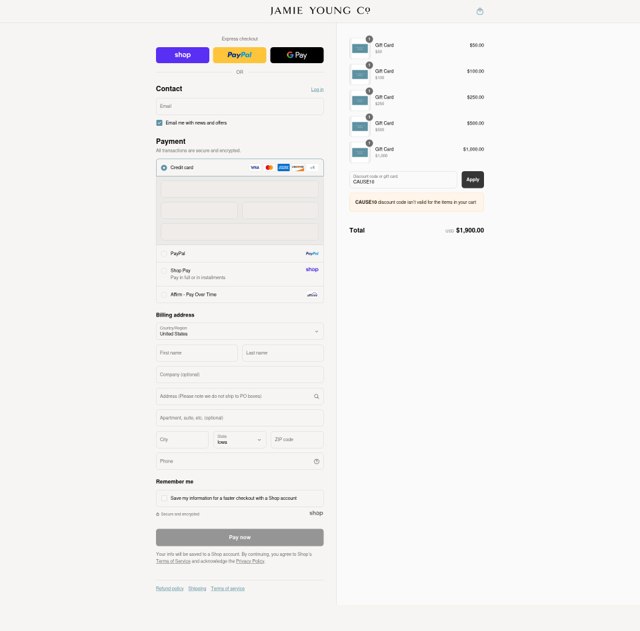 Jamie Young Co. checkout page showing Jamie Young Co. promo code box | Screenshot taken by SimplyCodes community member on Sep 4, 2025