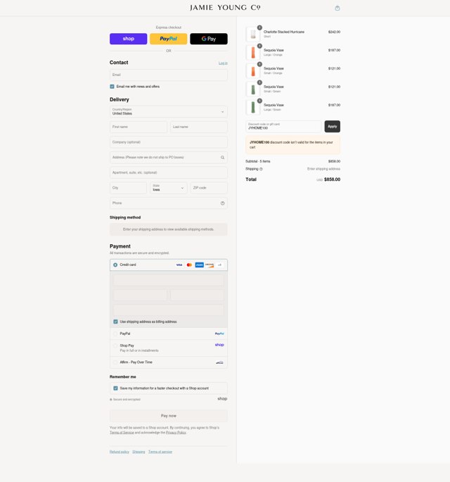 Jamie Young Co. checkout page showing Jamie Young Co. promo code box | Screenshot taken by SimplyCodes community member on Aug 31, 2025
