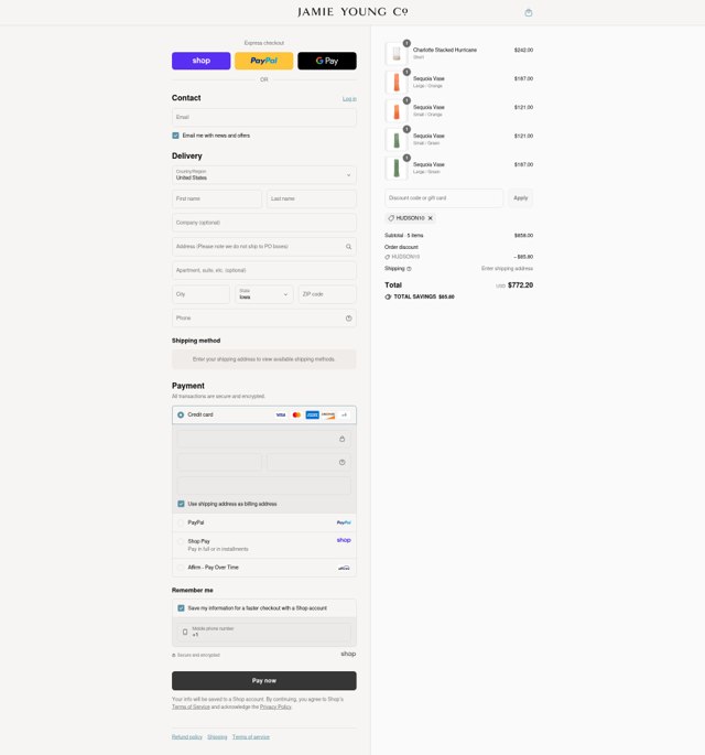 Jamie Young Co. checkout page showing Jamie Young Co. promo code box | Screenshot taken by SimplyCodes community member on Aug 31, 2025