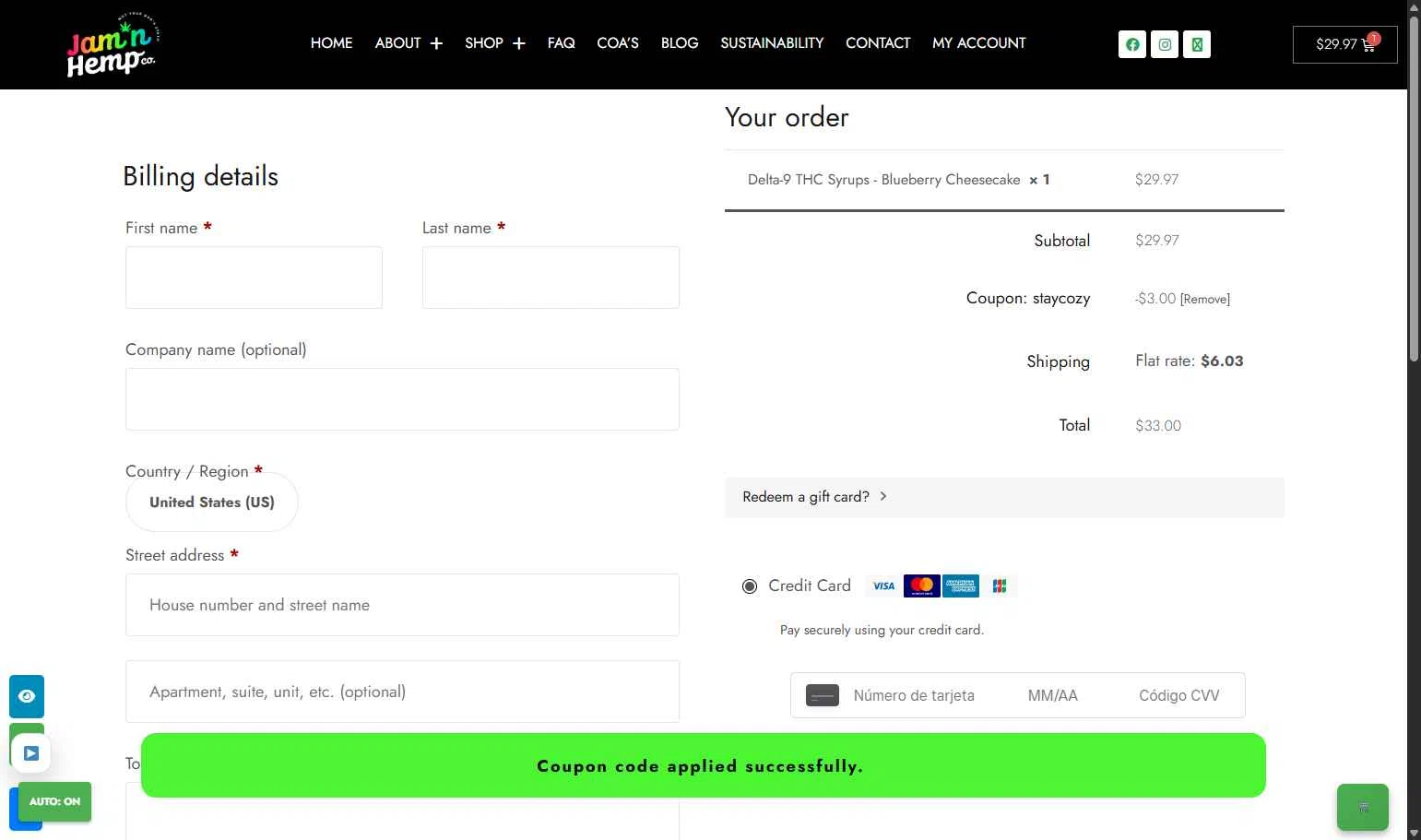 Jam'n Hemp Co. checkout page showing Jam'n Hemp Co. promo code box | Screenshot taken by SimplyCodes community member on Jan 31, 2026