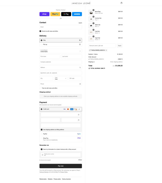 Janessa Leone checkout page showing Janessa Leone discount code box | Screenshot taken by SimplyCodes community member on Sep 4, 2025