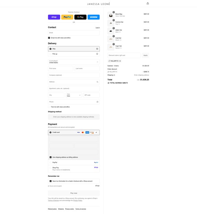 Janessa Leone checkout page showing Janessa Leone discount code box | Screenshot taken by SimplyCodes community member on Sep 4, 2025