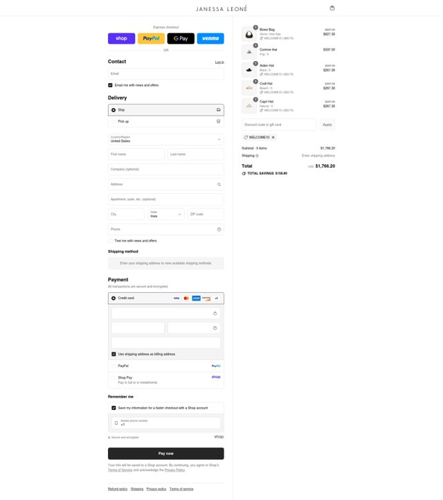 Janessa Leone checkout page showing Janessa Leone discount code box | Screenshot taken by SimplyCodes community member on Sep 4, 2025