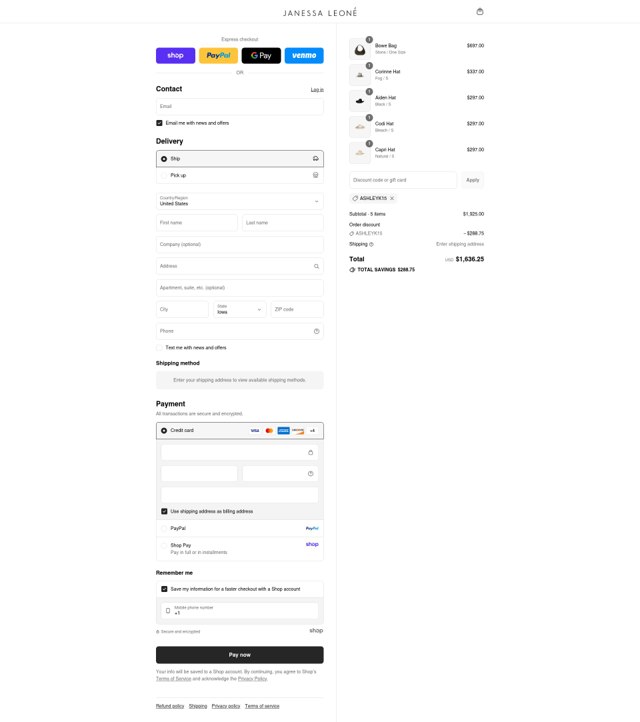 Janessa Leone checkout page showing Janessa Leone discount code box | Screenshot taken by SimplyCodes community member on Sep 4, 2025
